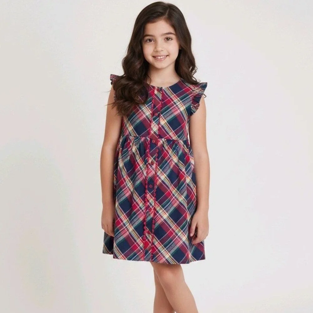 Gymboree Girls Plaid Apple Orchard Ruffle Sleeve Button Front‎ Dress 7 Red Navy
